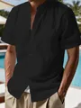 Close-up detail of a black men's short-sleeved shirt with a stylish stand collar - S / Tops / Black