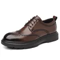 Κλασικά ανδρικά καφέ δερμάτινα παπούτσια Brogue με σκαλιστό σχέδιο και παχιά σόλα - Καφέ Όλες τις Εποχές / 38
