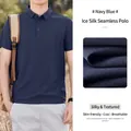 Detail of men's navy blue ice silk cooling polo shirt with seamless high-elastic fabric. - M / Tops / Navy Blue