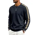 Detail view of men's navy waffle knit sweatshirt featuring contrast sleeve stripes - S / Tops / Navy Blue