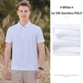 Macro view of white ice silk polo shirt showing seamless texture and breathability - M / Tops / White