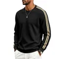 Detailed view of men's black waffle knit sweatshirt featuring athletic sleeve stripes - S / Tops / Black
