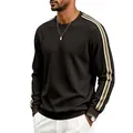 Close-up detail of waffle-knit men's sweatshirt featuring striped sleeves and crew neck - S / Tops / Coffee