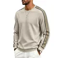 Detail view of men's beige waffle knit sweatshirt with striped sleeves and crew neck. - S / Tops / Khaki