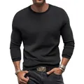 Detailed view of black slim fit waffle knit long sleeve crew neck T-shirt for men - S / Tops / Black