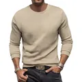 Close-up detail of a men's slim fit waffle texture long sleeve t-shirt in khaki beige - S / Tops / Khaki