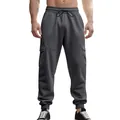 Dettaglio dei pantaloni cargo in pile grigio scuro da uomo con coulisse e tasche - Grigio scuro