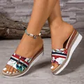 Women's floral wedge platform sandals with color-blocked straps and buckle detail - Off White
