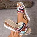 Women's floral embroidered wedge sandals with striped ribbon and thick platform sole. - Milky White