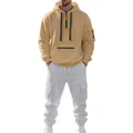 Men's heavy fleece tracksuit set featuring khaki half-zip hoodie and grey cargo sweatpants - M / Top And Bottom (AL-2+QDD-18) / Khaki Top And Light Gray Bottom
