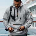Detail view of men's gray heavy fleece hoodie with orange zipper pocket detail - M / Tops / Light Gray