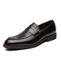 Side view of black leather men's penny loafers with crocodile pattern detail - 38 / Black Crocodile Pattern (5861) / Black