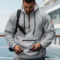 Schwerer grauer Herren-Hoodie mit Fleecefutter und leuchtend orangen Reißverschlussdetails - Hellgrau