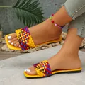 Vibrant multi-colored woven flat slide sandals for women with square toe detail - 36 / Yellow