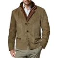 Classic men's olive green Michigan work jacket with brown leather collar details - S / Tops / Khaki