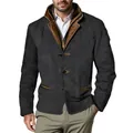 Front detail of men's retro Michigan work jacket with brown faux leather collar - S / Tops / Black