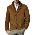 Detailed front view of a men's vintage brown Michigan-style suede work jacket on model - Brown