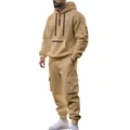 Khakifarbener Herren-Cargo-Trainingsanzug aus schwerem Fleece mit Kapuzenpullover und Jogginghose - M / Oberteil und Hose / Khaki