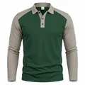 Men's American style long sleeve golf polo shirt with green and grey raglan sleeves - S / Tops / Dark Green & Khaki