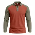 Men's long sleeve color block polo shirt with raglan sleeves in orange and olive - S / Tops / Orange & Khaki