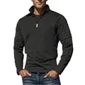 Men's athletic quarter-zip sweatshirt showing stand collar and pleated sleeve details - Black