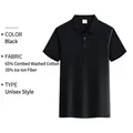 Detail view of black unisex short sleeve polo shirt featuring 65% combed cotton fabric - S / Tops / Black
