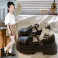 Vintage brown platform Mary Jane shoes for girls in British style with bow detail - Black