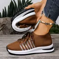 Flexible brown fly-knit platform sneaker for women showing sole elasticity and comfort - 38 / Brown
