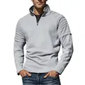 Detailed view of grey men's slim fit quarter-zip sweatshirt with pleated shoulder detail - Light Gray