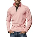 Detail view of men's pink quarter-zip sports sweatshirt with ribbed shoulder panels. - Pink