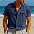 Summer navy blue linen short-sleeve work shirt for men featuring double chest pockets - S / Tops / Navy Blue