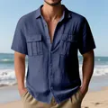 Men's navy blue short sleeve linen shirt with chest pockets for summer casual wear - S / Tops / Navy Blue