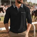 Dettaglio di polo da uomo a manica lunga con colletto a contrasto e taschino frontale - Nero