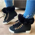 Black winter snow boots with plush faux fur trim and white platform sole for women - 35 / Black