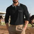 Men's black long sleeve polo shirt featuring a contrast grey collar and a functional pocket - S / Tops / Black