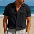 Men's stylish black linen short sleeve shirt with double flap pockets for summer - Black