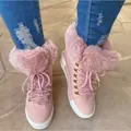 Warm women's pink faux fur lined snow boots with lace-up design and white soles - 35 / Pink
