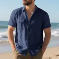 Relaxed fit men's navy blue linen short sleeve shirt with cargo pockets for beach - Navy Blue