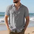 Grey men's casual short sleeve linen shirt featuring cargo pockets and breathable fabric - XL / Tops / Gray