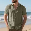 Men's casual olive green linen short sleeve shirt with double chest pockets at the beach - S / Tops / Army Green