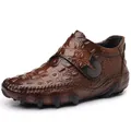Men's high-top brown leather Martin boots with crocodile texture and velvet lining - 38 / Brown Single Shoe Style