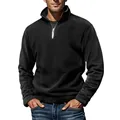 Detail of mens black fleece sweatshirt featuring a metal quarter-zip stand collar - S / Tops / Black