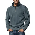 Detail view of men's solid polar fleece pullover with stand collar and zipper - S / Tops / Gray