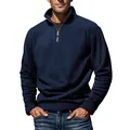 Detail view of navy blue men's fleece pullover with 1/4 zip and stand-up collar - S / Tops / Dark Blue