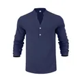 Navyblaues Langarm-Henley-Hemd für Herren aus Leinen mit V-Ausschnitt - Marineblau