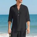 Breathable black men's linen Henley shirt with long sleeves, perfect for a relaxed beach vacation - S / Tops / Black