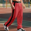 Detail view of men's red heavy fleece relaxed fit sweatpants with black side stripe - S / Bottom (LT-10) / Red/Black