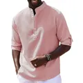 Close-up of men's pink striped Henley shirt with stand collar and rolled-up sleeves detail. - S / Tops / Pink