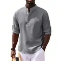 Close-up detail of a grey textured long-sleeve Henley shirt with stand collar. - S / Tops / Dark Gray
