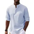 Men's blue and white checkered shirt with stand collar and button neckline detail - S / Tops / Blue